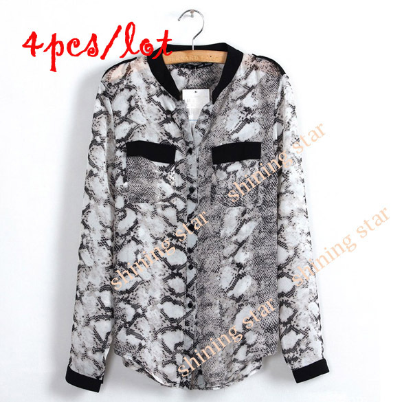 Wholesale 4pcs/lot Women's Charming Snake Pattern Chiffon Blouse Tops V-Neck Shirts 3 Sizes S 11108