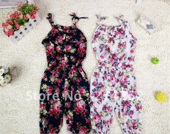 Wholesale-5 sets/lot girl's summer suspender pant girl's flower Jumpsuits baby overalls girl trousers free shipping