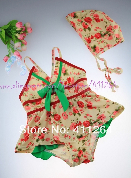 wholesale 5pcs/lot(3-8Y) floral one piece with hat swimsuit baby girl beach wear kid swimwear bikini Korea Style Hign Quality