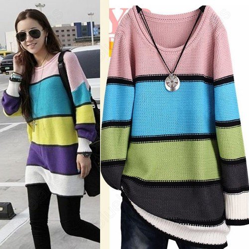 Wholesale 5pcs/lot Fashion Lady Loose Scoop Neck Casual Color Stripes Sweater Long Knitwear Christmas Gifts 31373