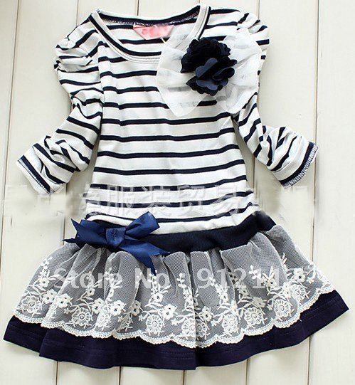 wholesale 5pcs/lot New Arrival children girl's striped long sleeve lace dress for autumn or spring
