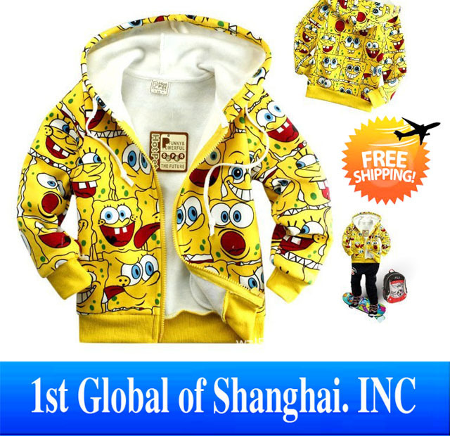 Wholesale 6pcs/ot Children Clothing Cute boy and girl lovely Cartoon Spongebob comfortable flannel hood for autumn and winter