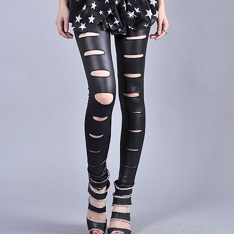 Wholesale and retail 2012 women's faux leather hole legging ankle length trousers matt legging w46 Free shipping