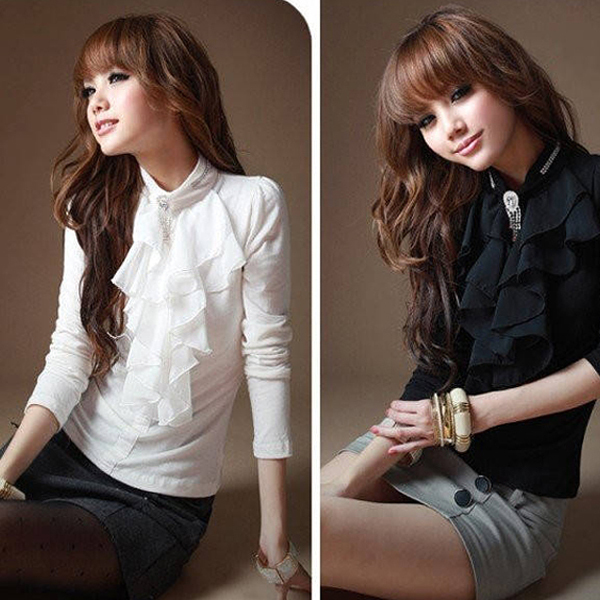 Wholesale and retail 2013 ~ free shipping ~ Fashion Korea Womens Flouncing Chiffon Shirt Top Q3126