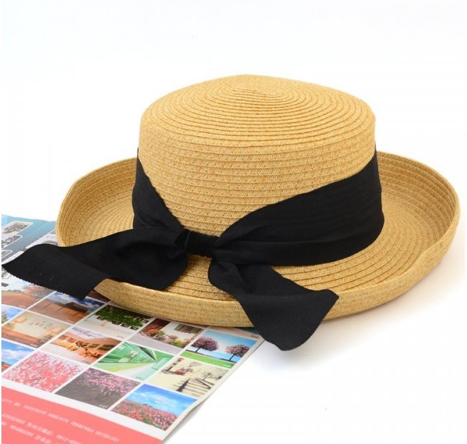 Wholesale and Retail Fashion Women Wide Brim black bow plain Summer Beach Sun Straw Hat Cap with big bow Free Shipping