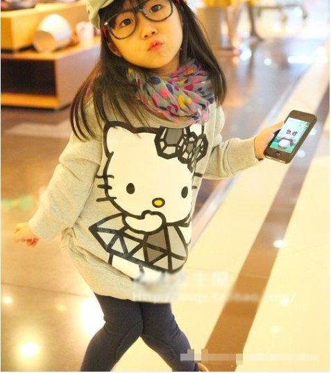 wholesale baby girls cute cartoon Hello kitty cat printed styles long sleeves T-shirt pattern fleeces 2 colors free shipping