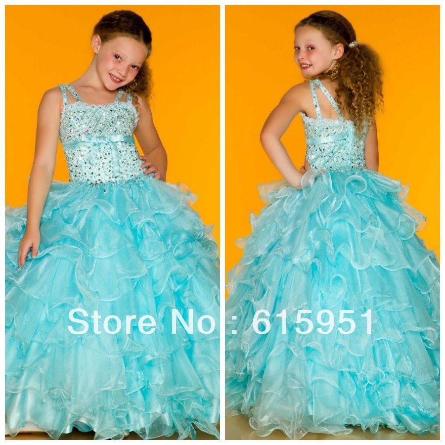 Wholesale - Beaded One Shoulder Little Girl Pageant Gown Beautiful Aqua color Junior Size Pageant Dress JY249