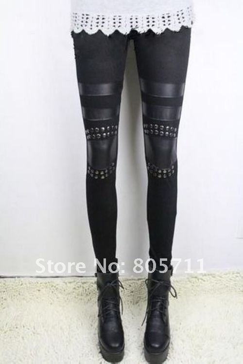Wholesale Black sexy leather leggings women's stretch pants Splice Knee Patches Drop Ship Women Capris Skinny ladies' leggings