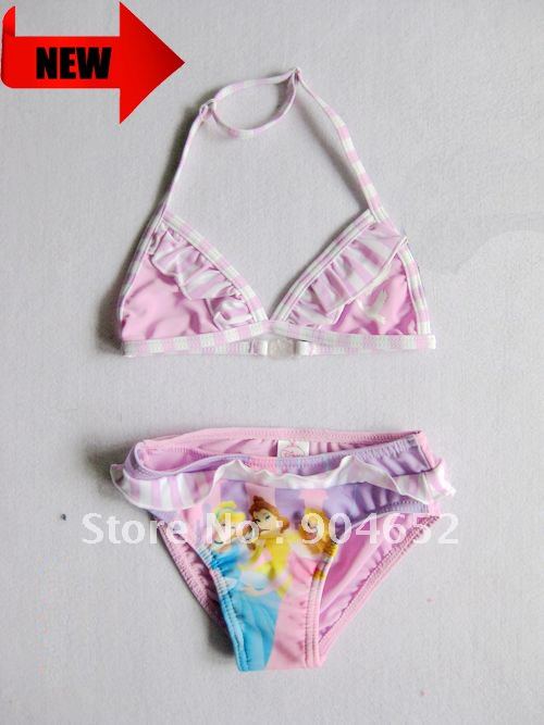 wholesale branded girls princess lace bikini swimwear children pink cute cartoon bikini swimsuit free shipping