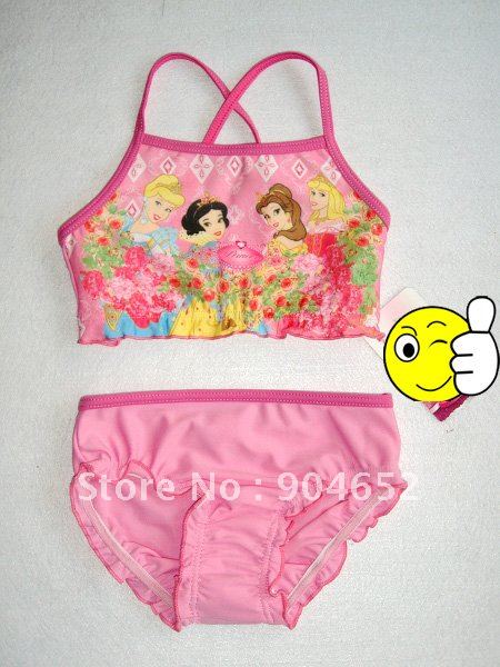 wholesale branded new girls princess two piece swimwear pink color tankinis swimsuit for girls children cartoon swimwear