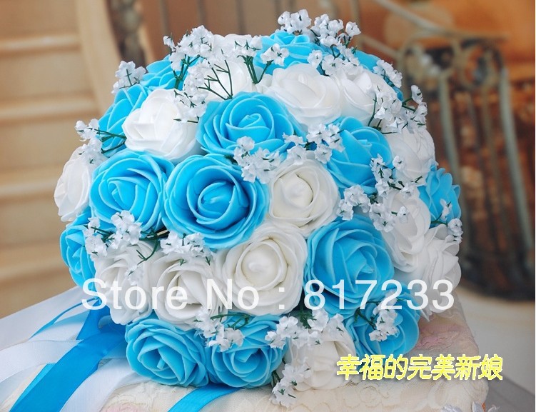 .Wholesale - Bridal Bouquet Tied Blue Rose Wedding Bouquet With Ribbon Bridal Bouquets With Gift >@@yrdg