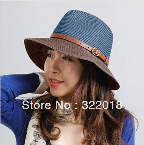 Wholesale Cap Fashion Women Block Colors Belt Straw Fedora Straw Sun Hats Women Fedoras Caps Summer Beach Hat Womens Headwear
