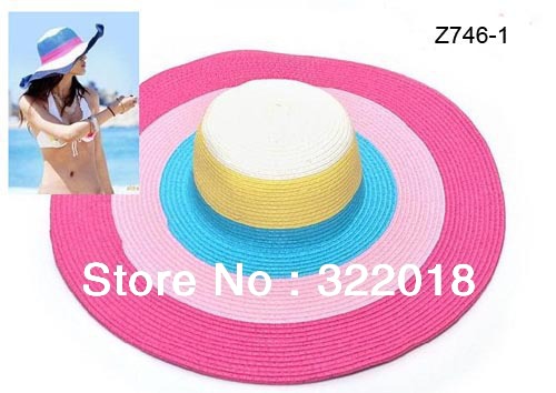 Wholesale Caps 12pcs EMS Rainbow Striped Large Straw Sun Wide Brim Hat Floppy Fedora Ladies Beach Cap Women Summer Straw Hats