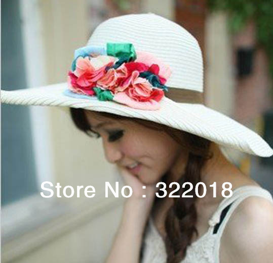 Wholesale Caps Fashion Women Large Flower Straw Fedora Floppy Big Sun Hats Ladies Fedoras Cap Womens Wide Brim Summer Beach Hat