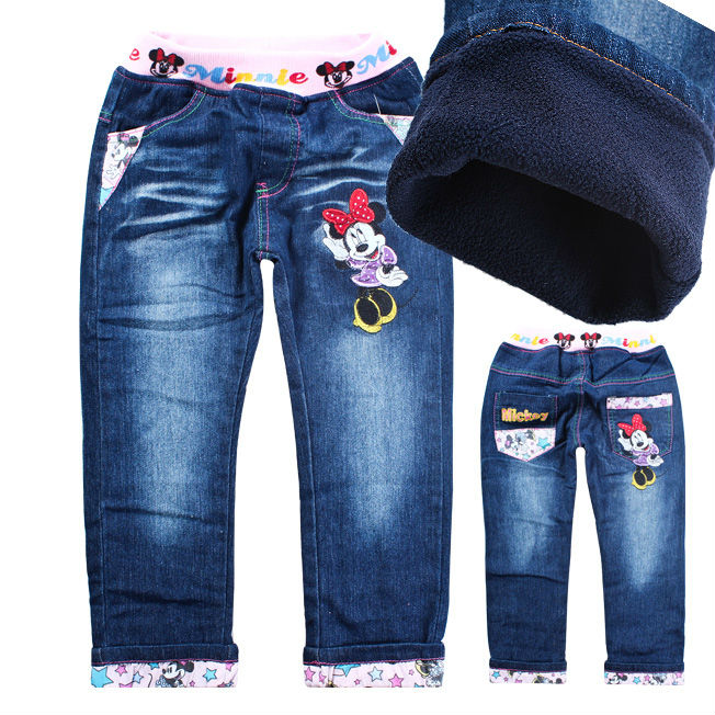 Wholesale cartoon minnie mouse  new 5pcs/lot brand thick warm cashmere kids jeans winter  Girls baby jeans children jeans