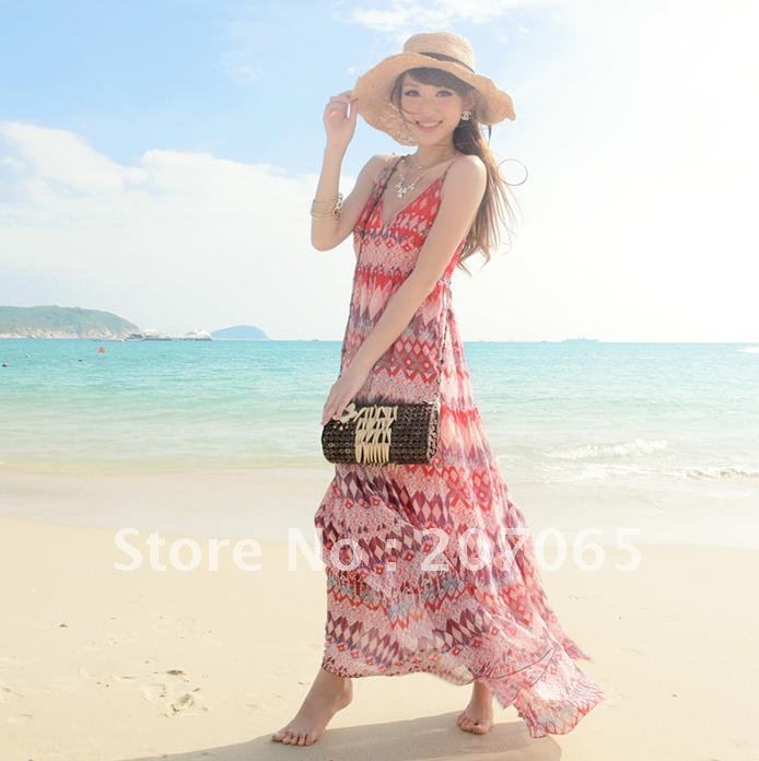 Wholesale cheap red skirt diamond lattice chiffon long dress /beach dress /Bohemian Floral Dress