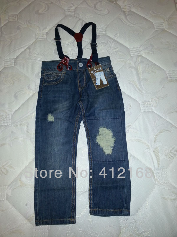 Wholesale Children's clothing  child bib pants hole   denim jeans casual pants FreeShipping