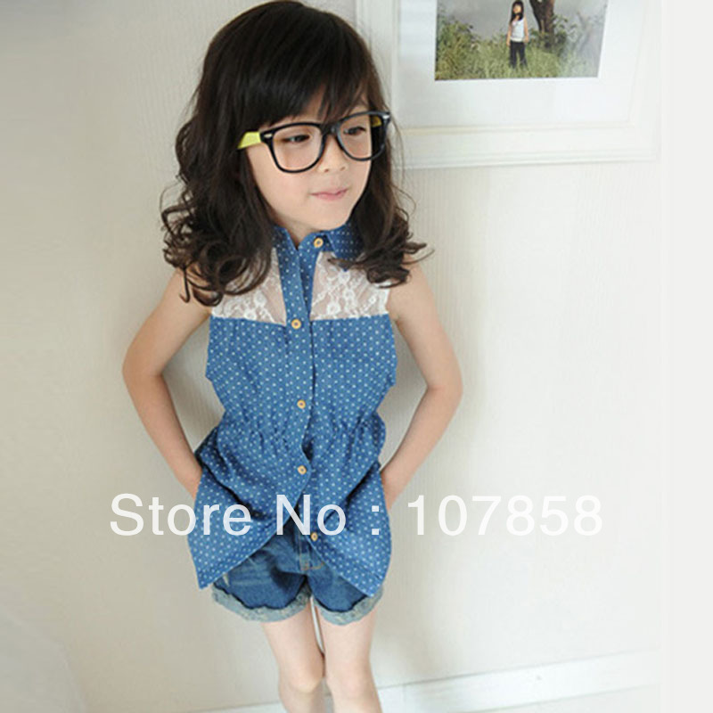 Wholesale -- children's clothing child vest lace wave point Girls shirt children summer T-shirt #xy-2042