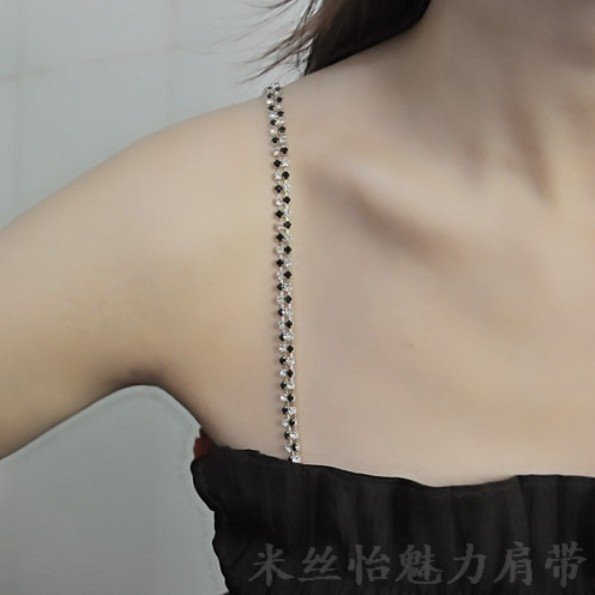 wholesale elastic bra straps Super A black and white double Rhinestone metal underwear suspenders free shipping