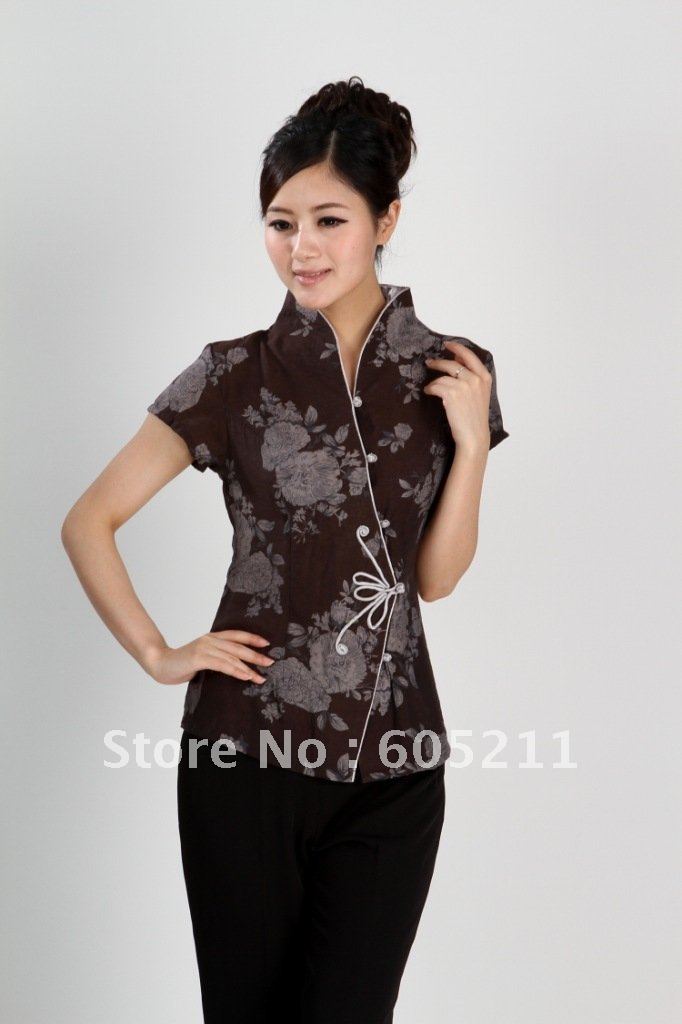 wholesale fangle handwork Chinese Women's Cotton Blends Short shirt T-shirt Coffee SIZE S/M/L/XL/XXL/XXXL/4XL " WNS 2984-3"