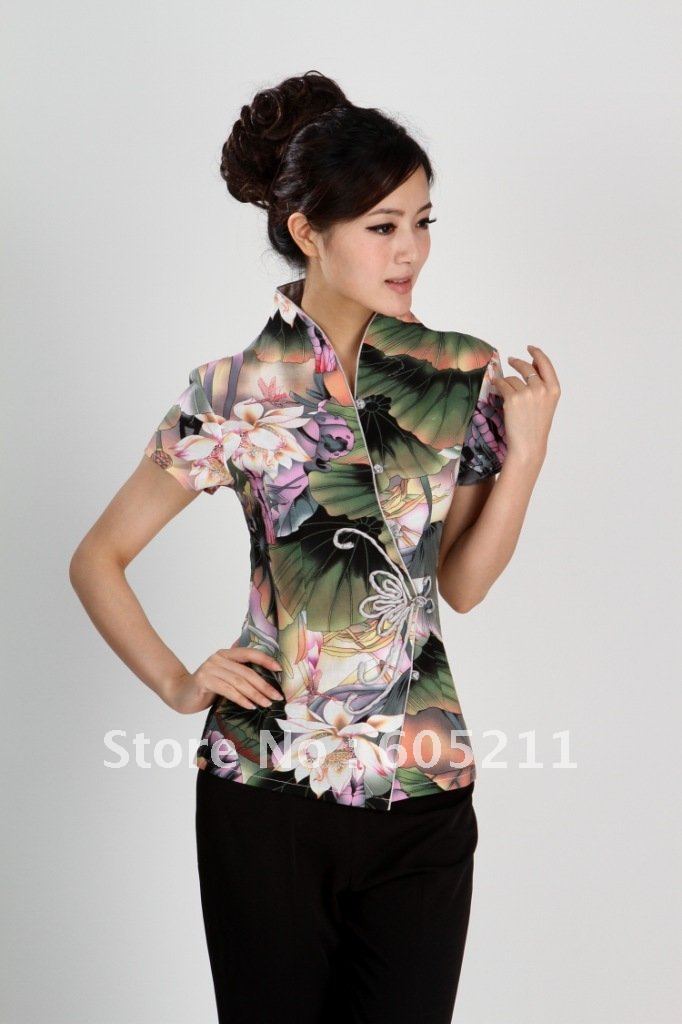 wholesale fangle handwork Chinese Women's Cotton Blends water lily Short shirt T-shirt SIZE S/M/L/XL/XXL/XXXL/4XL " WNS 2984-4"