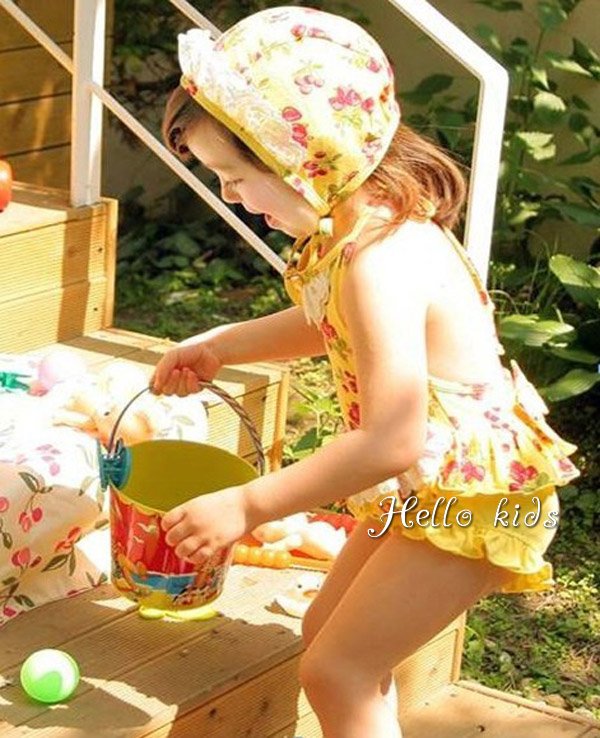Wholesale - FASHION Baby Girl Floral Hood Swimsuit Yellow Hat Sample Supported Age:4-8Y Support Mixed Designs