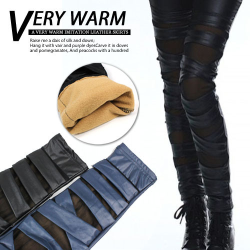 Wholesale Fashion faux leather cross straps legging punk thickening brushed gauze meat ankle length trousers Free Shipping