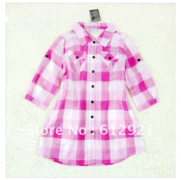 wholesale fashion kids girls blouses rose pink plaid original brand  children shirt  kids clothes 130~160 free shipping