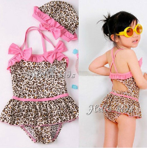 Wholesale - Fashion Leopard Kids Girl Swimwear Children Swimsuit Hat+Bikini Age:7-10T Childrens Girl Swimwear