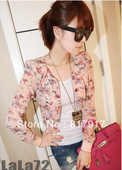 Wholesale -Fashion Long Sleeve Floral Print Shrug Short Jacket Chiffon Top 3 Colors