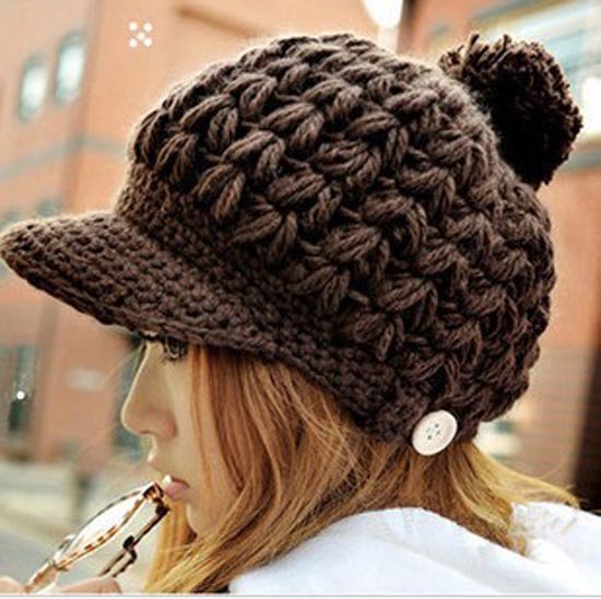 Wholesale Fashion New 2012 Cute Pompon Brim Caps Womens Winter Hats Ladies Knit Hats Fitted Brown Crochet Skullcap Knitting Caps