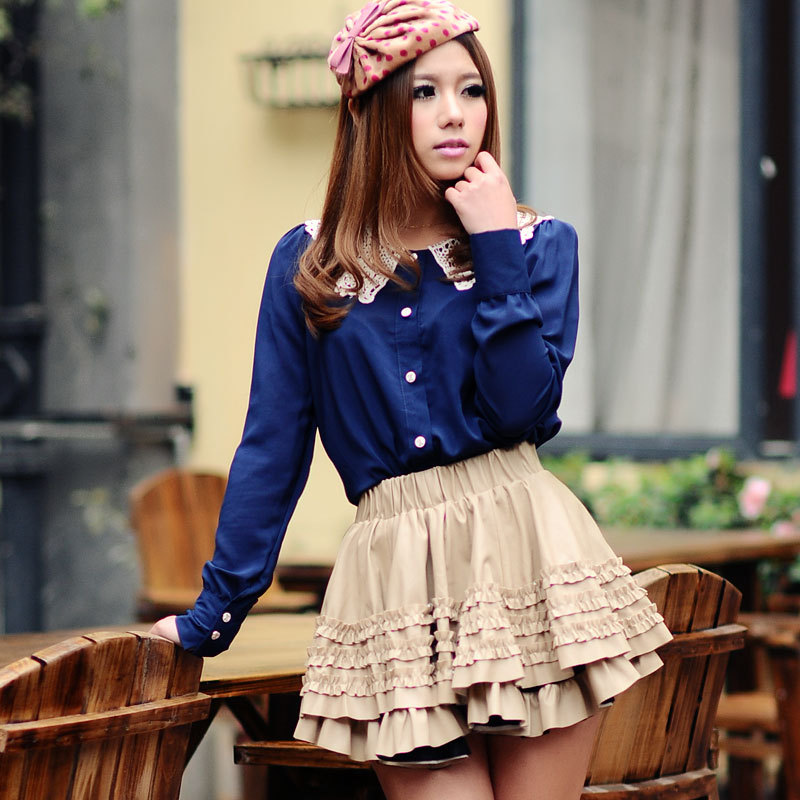 Wholesale Fashion sweet ruffle hem expansion bottom cake leather skirt 2