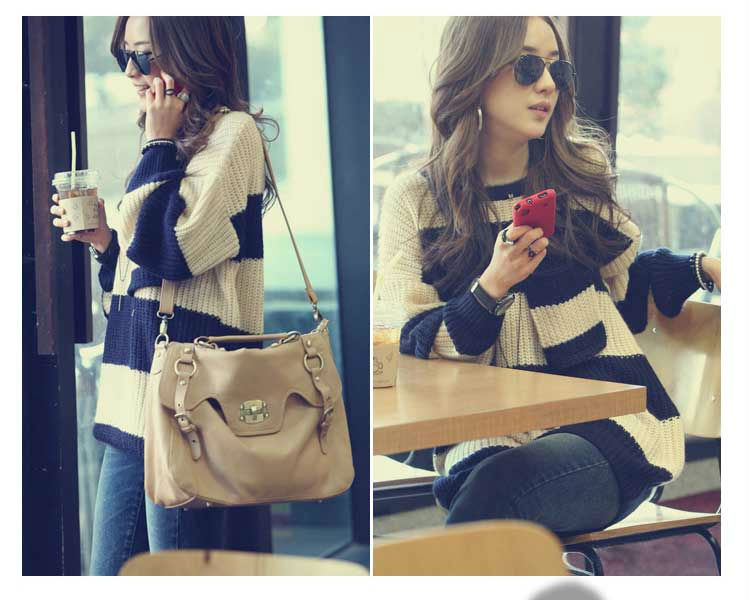 Wholesale fashion Women's loose batwing sleeve O-neck stripe white + black sweater clothing one size free shipping