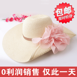 Wholesale female Three-dimensional flowers roll up big brim sun visor caps, Free shipping ladies wide brim straw sun hats