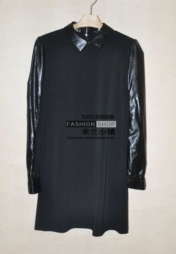 Wholesale,Free Shipping, 2012 autumn and winter female fashion leather patchwork japanned leather shoulder pads one-piece dress