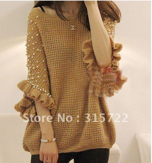 Wholesale free shipping 2012 autumn pearl beaded batwing shirt loose sweater female P-024