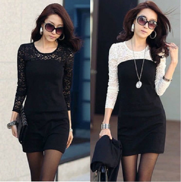 Wholesale free shipping 2012 autumn slim hip one-piece dress lace patchwork long-sleeve basic skirt dress