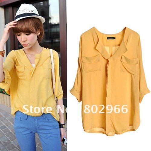 wholesale free shipping 2012 new arrive hot sale Women blouse fashion yellow frivolous shirt tunic tops Batwing top YL9606