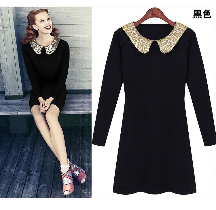 Wholesale free shipping 2012 new fashion sequins collar two season can wear long sleeve dress