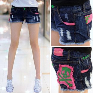 Wholesale + Free Shipping 2012 summer new patch stream fringe frayed stitching Slim denim shorts 923 #