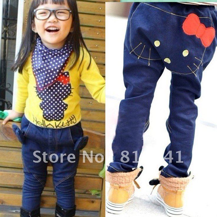 Wholesale Free Shipping 4 Pcs Boby Jeas Bow Jeans Baby Wear Kids Kitty Pants Child Cartoon Trousers Autumn Clothes 0805013-BP