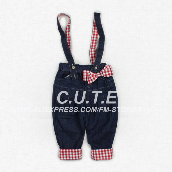Wholesale Free Shipping 5 Pcs Girls Fashion Jeans Children Checked Overall Baby Autumn Trousers Kids Bow Pants Blue 1213003-BP