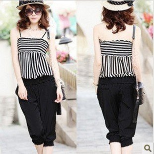Wholesale + Free Shipping   6855 # 2012 new personality Ms. black and white striped suspenders piece pants