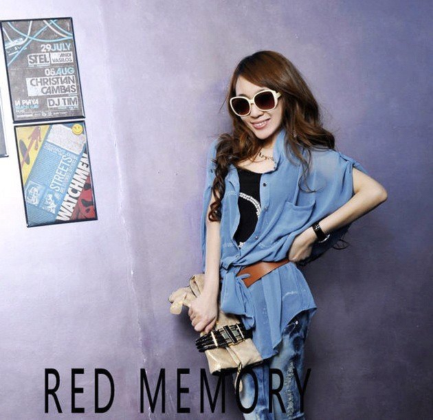 Wholesale + Free Shipping   8200 Korea blast wave models sexy was thin casual loose blue chiffon shirt Chiffon send the belt