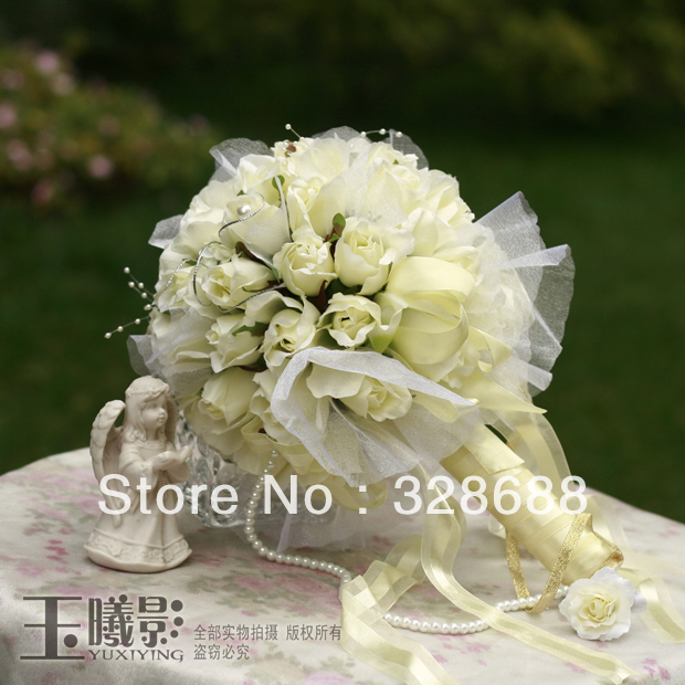 Wholesale - Free Shipping Bridal Bouquet Tied White Rose Wedding Bouquet With Ribbon Bridal Bouquets With Gift <<yrufh