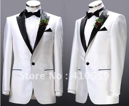 Wholesale Free shipping Custom made Groom Tuxedos Suit Men bright silk ivory white tuxedos (jacket +pants)