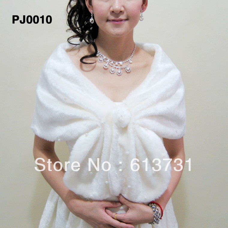 Wholesale Free shipping Fashion Fur Wedding White Beading Bridal Wrap Shawl Stole Tippet Jacket PJ0010