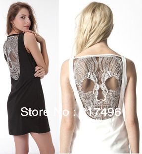 Wholesale Free Shipping Fashion Punk Gothic Unique Hollow Fitness Vest Club Skull Dress Lace Women Mini skeleton head dress