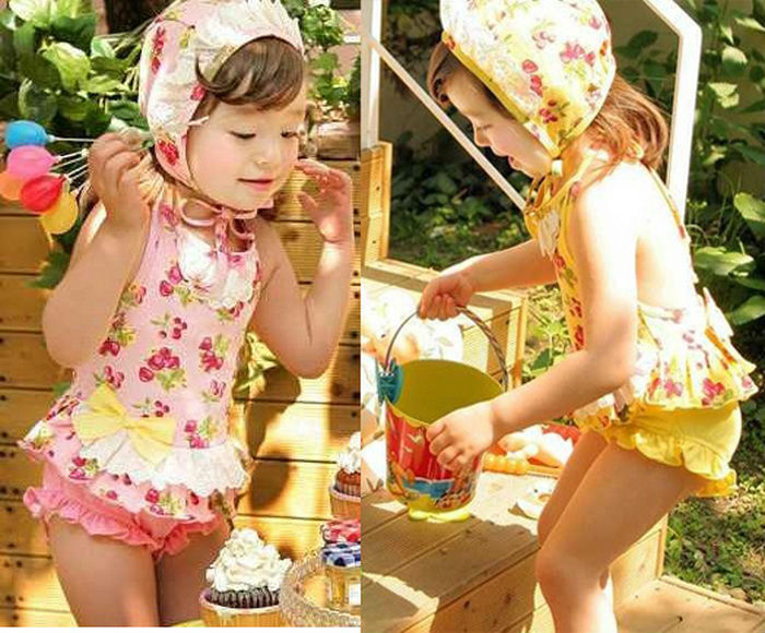 Wholesale Free Shipping-Girls Cherry Swimwear Tankini Beachwear Bikini Swimsuit 1-6Y Bathing Toddler Swim Suit Set Pink Yellow