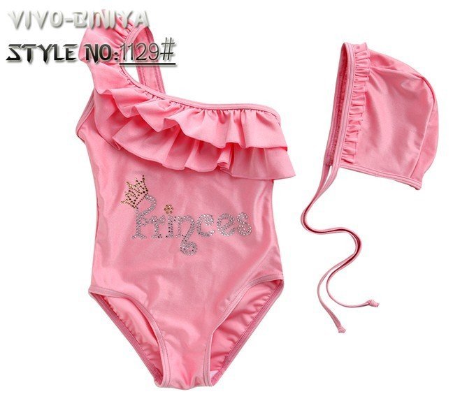 Wholesale free shipping Kid's /girls' princess shiny pink rhinestone one shoulder swimwear kid beach wear one piece